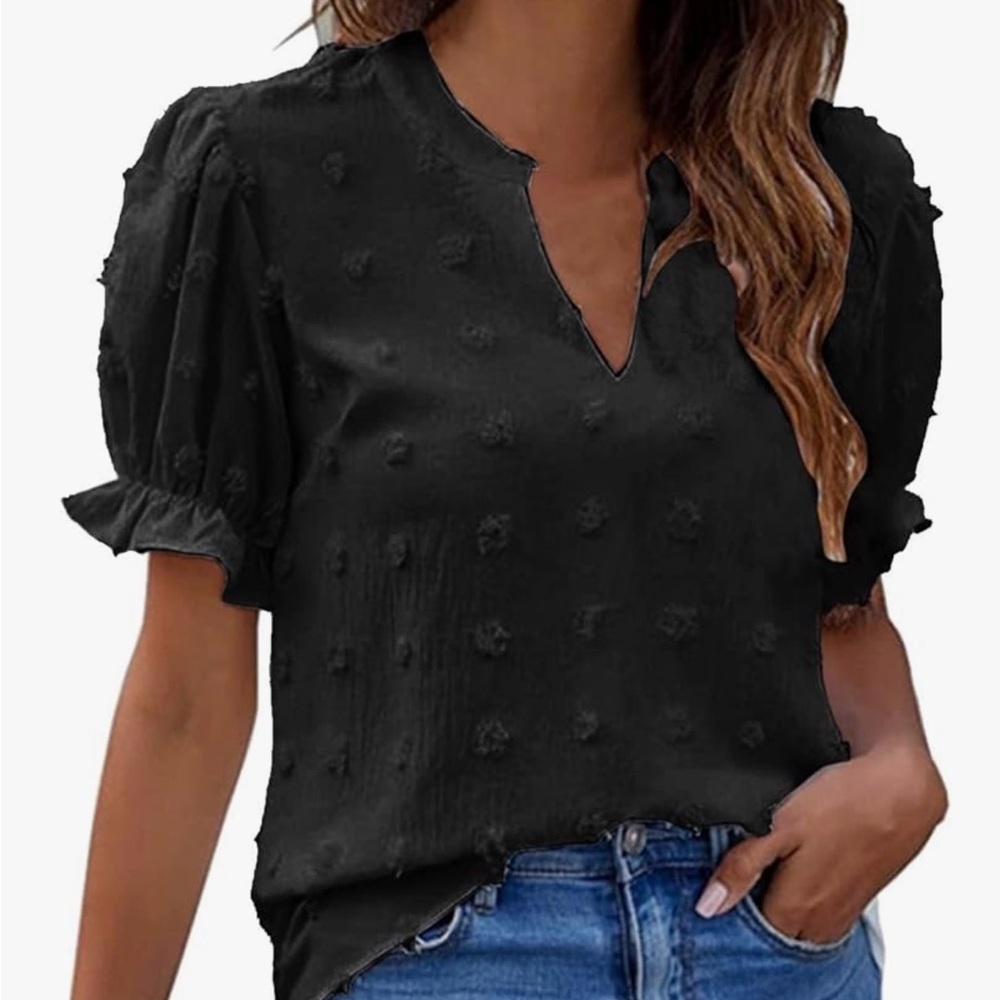 Meerokty black short-sleeve chiffon blouse with pom poms XL